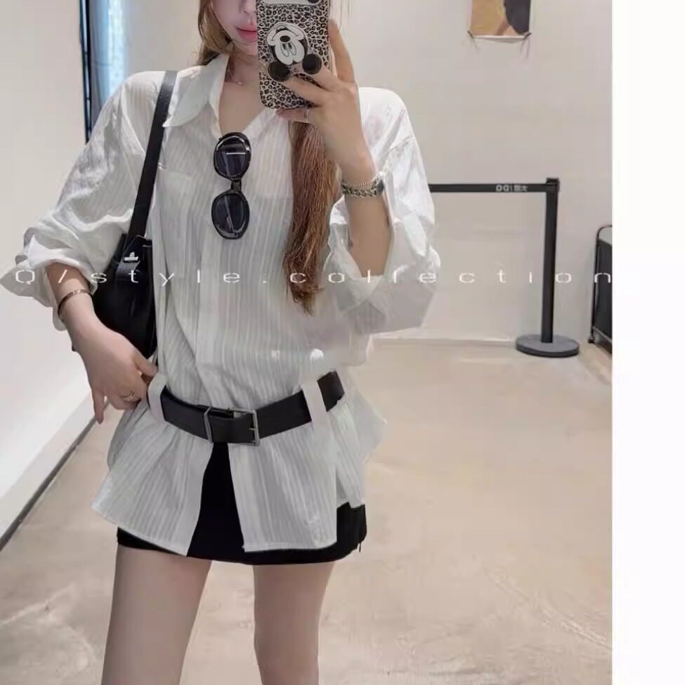 ADD白色衬衫2026春季新款韩版洋气百搭显瘦口袋设计感衬衣配腰带