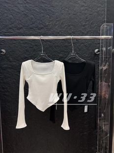 T恤内搭 气质显瘦加厚磨毛坑条设计感长袖 u领上衣2024秋冬新款 韩版