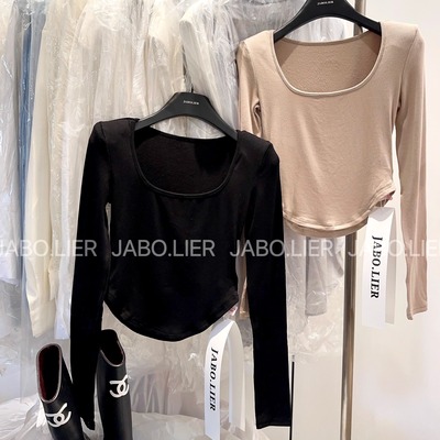 气质显瘦方领设计感正肩T恤上衣