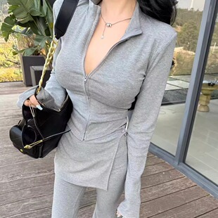 百搭显瘦拉链设计感长袖 新款 2026春季 皮帘 长裤 上衣 ALA休闲套装