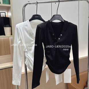 T恤打底衫 显瘦摁扣设计感v领长袖 内搭女 洋气百搭修身 2025秋冬新款