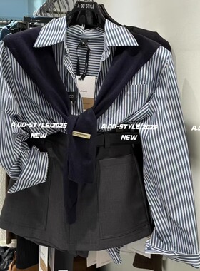 ADD竖条纹衬衫女2025早秋新款百搭宽松显瘦设计感长袖衬衣配披肩
