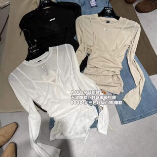 ADD打底衫26早秋新款韩版百搭显瘦字母贴标绑带设计感圆领长袖T恤