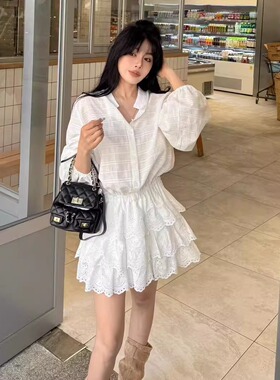 ALA连衣裙2026春季新款气质收腰显瘦蕾丝拼接设计感衬衫蛋糕裙女