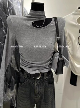 ADD韩版秋冬新款纯欲显瘦不规则镂空挂脖设计感长袖T恤打底衫上衣