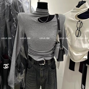 ADD韩版秋冬新款纯欲显瘦不规则镂空挂脖设计感长袖T恤打底衫上衣