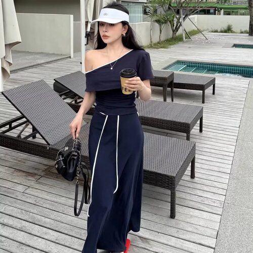 法式慵懒斜肩显瘦女夏两件套套装