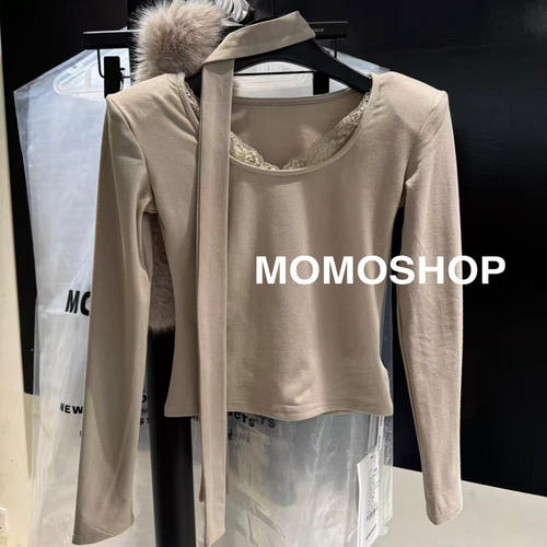 气质显瘦蕾丝拼接飘带磨毛打底衫