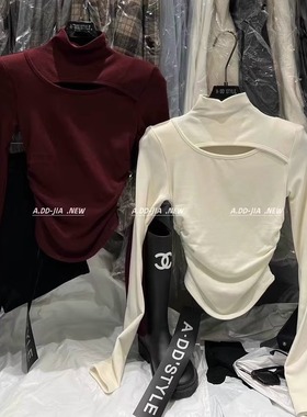 Momo家韩版冬季新款显瘦镂空设计感高领T恤加厚加绒内搭打底衫女