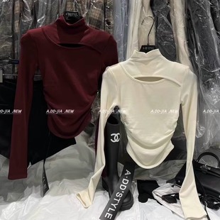 显瘦镂空设计感高领T恤加厚加绒内搭打底衫 新款 女 冬季 Momo家韩版