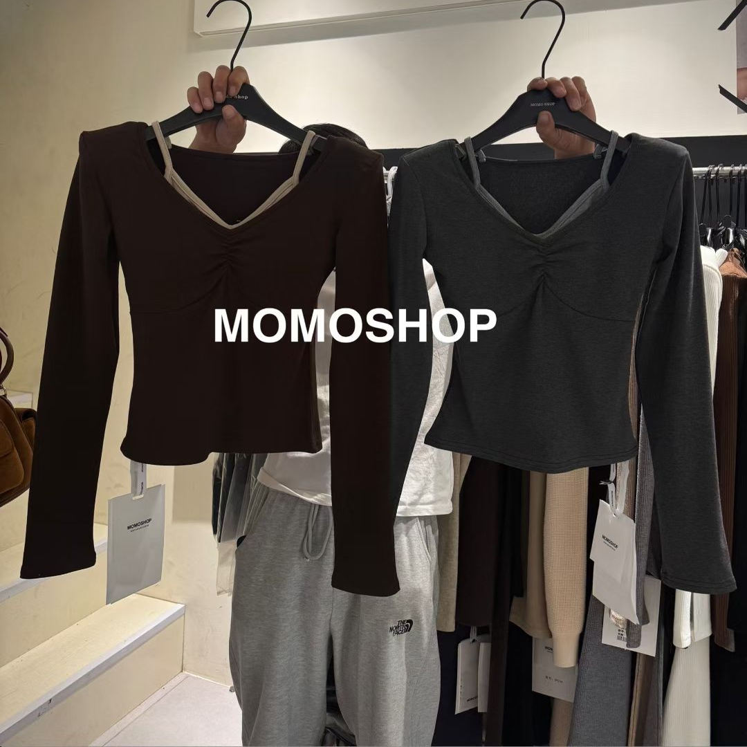 性感纯欲假两件设计感垫肩T恤女