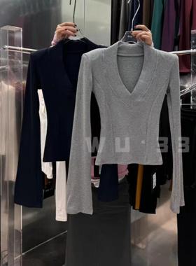 wu.33韩版冬季新款性感显瘦深v领设计感羊绒上衣内搭打底衫上衣女