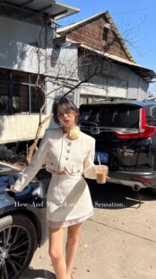 小香风套装2024春季新款韩版气质显瘦拼接欧根纱短上衣短裙两件套