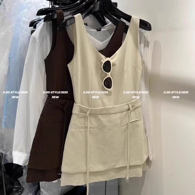 收腰拼接设计感v领背心裙短裙女