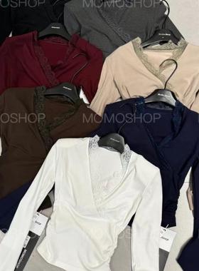 Momo家韩版冬季新款纯欲显瘦拼接蕾丝设计感v领长袖T恤打底衫上衣