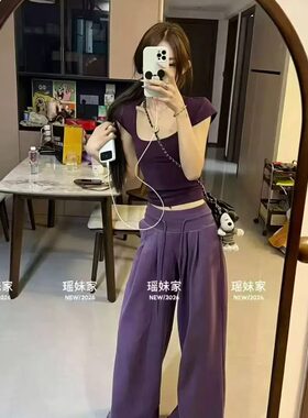 短袖T恤上衣高腰阔腿裤两件套女