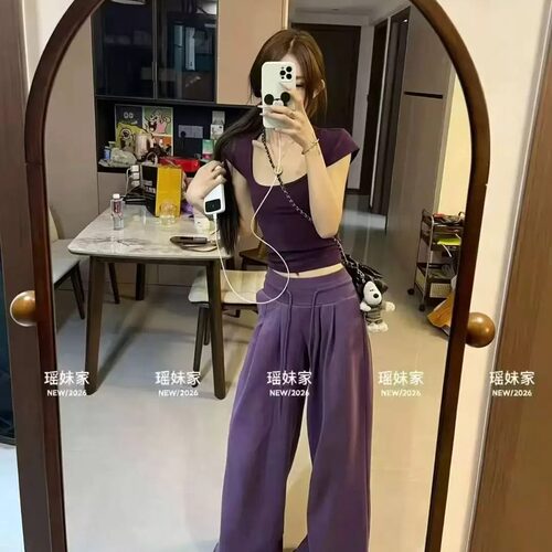 短袖T恤上衣高腰阔腿裤两件套女