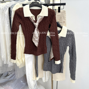 麻花上衣 针织衫 2025秋冬新款 洋气百搭显瘦拼接撞色设计感翻领长袖