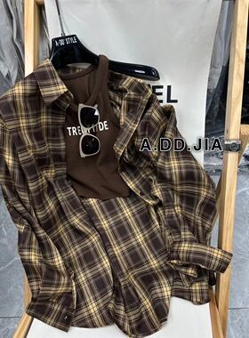 ADD韩版早秋新款百搭显瘦字母吊带背心+格纹衬衫长袖衬衣两件套女