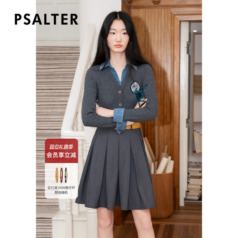 【美丽诺羊毛】诗篇专选牛仔针织假两件千金风百褶连衣裙秋款