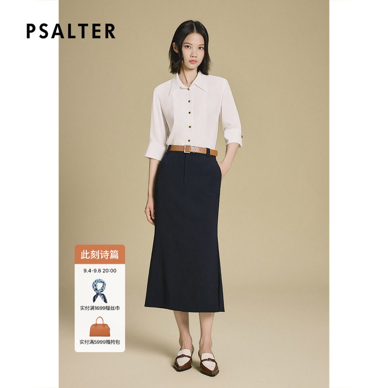PSALTER诗篇三醋酸白色七分翻袖通勤风长袖衬衫女早秋图片