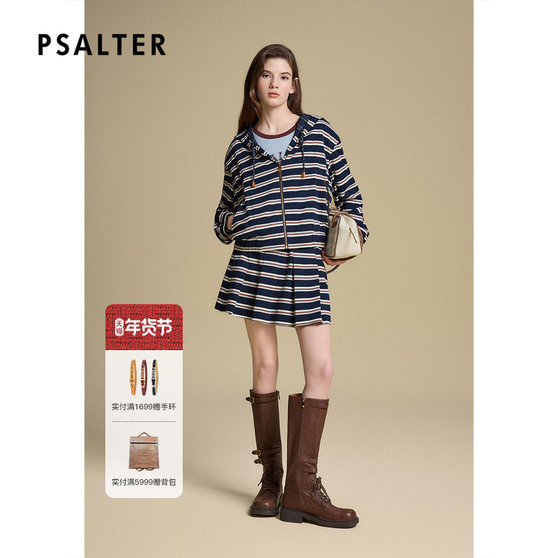 PSALTER诗篇海军蓝条纹连帽宽松短外套2025秋款