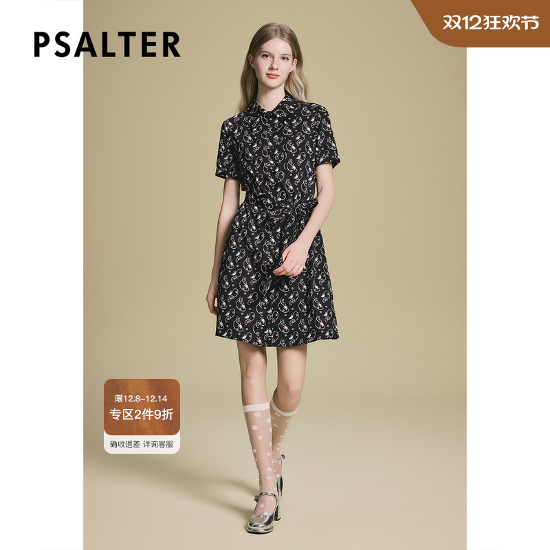 诗篇专选满印logo减龄本布腰带收腰衬衫连衣裙2025夏季新款