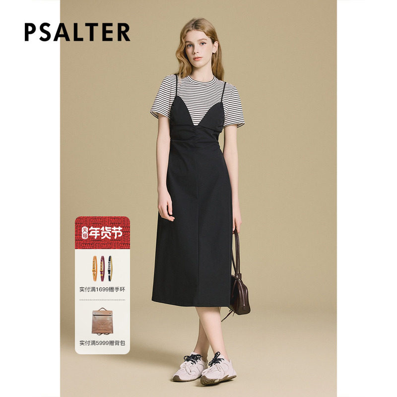 诗篇专选假两件式条纹拼接捏褶黑色长裙连衣裙2025秋款