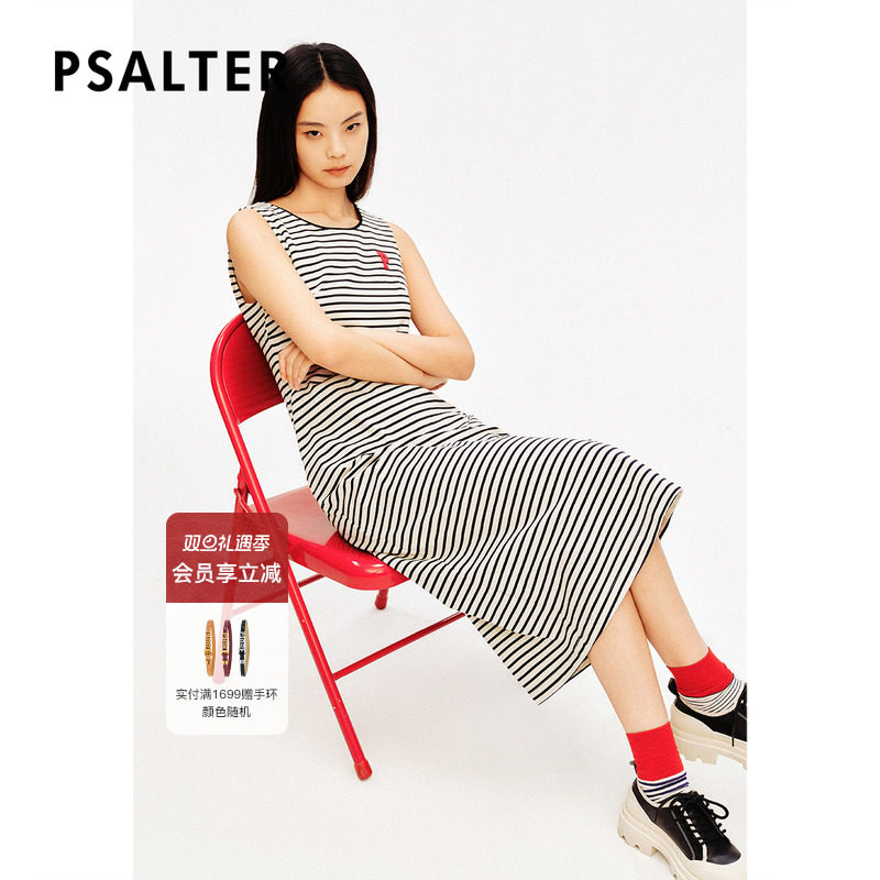 [高智条纹]PSALTER诗篇圆领学院复古条纹无袖背心裙连衣裙夏