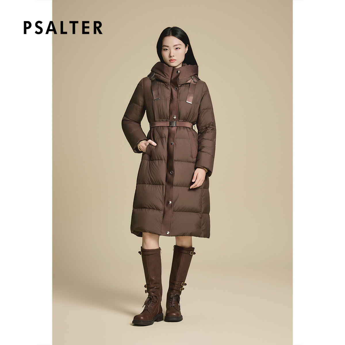 诗篇专选白鹅绒连帽机能风腰带显瘦长款羽绒服2025冬季新款