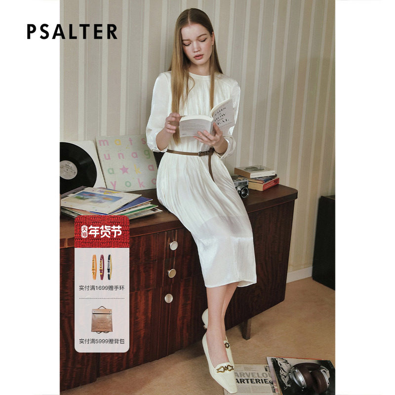 诗篇专选艺术感不规则压褶撞色皮带七分袖修身连衣裙2025春款