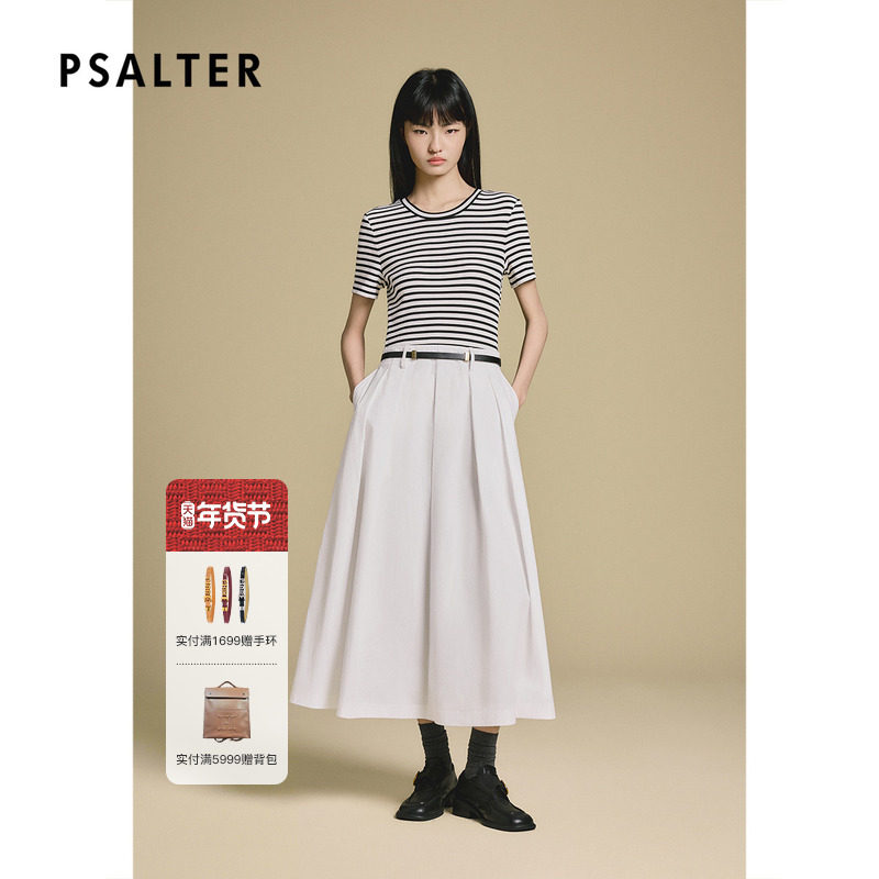 PSALTER诗篇条纹撞色拼接显瘦假两件连衣裙2025秋款