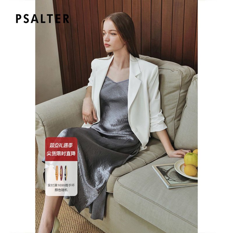 诗篇专选简约一粒扣亚麻修身显瘦褶皱七分袖西装外套2025春季新款