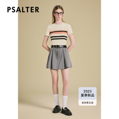 PSALTER诗篇撞色条纹针织短袖女坑条修身时尚T恤衫2025夏季新款