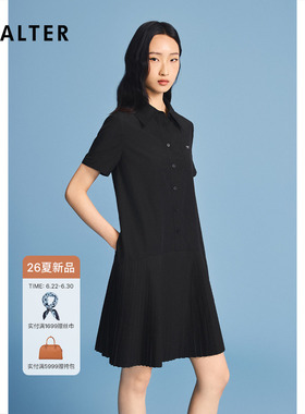 诗篇专选学院风衬衫领A字摆压褶短袖黑色连衣裙2026夏季新款z