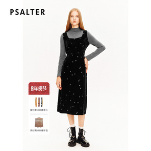 诗篇专选高弹针织拼接假两件星星烫银光泽感丝绒连衣裙冬款