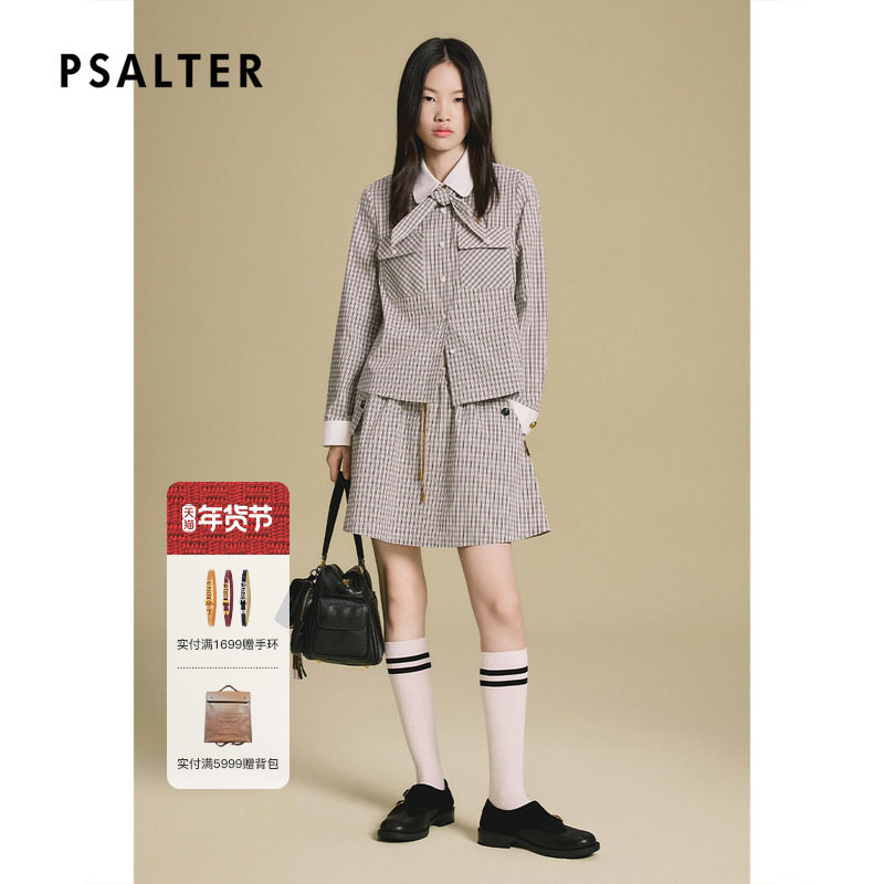 PSALTER诗篇学院风复古格纹领结箱型衬衫2025秋款