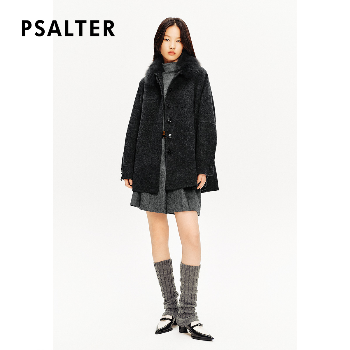 PSALTER诗篇可拆卸狐狸毛领A摆斗篷式毛呢大衣女外套冬款