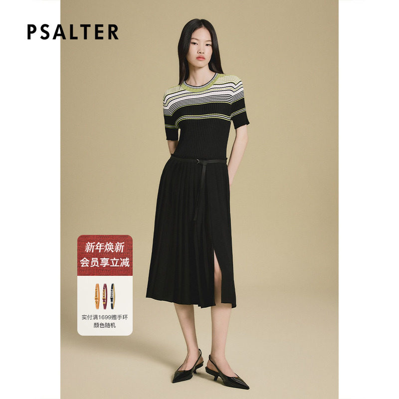 PSALTER诗篇坑条纹针织拼接三醋酸百褶连衣裙2025夏季新款