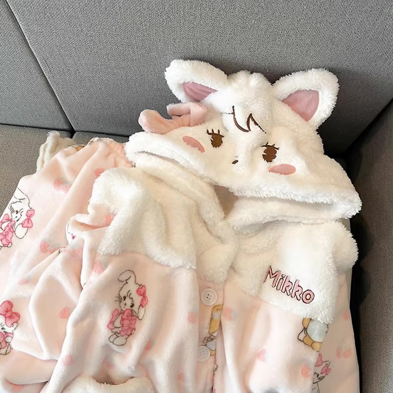 可爱Mikko连帽珊瑚绒睡衣女学生秋冬季加厚加绒保暖法兰绒家居服