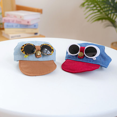 可爱牛仔风拼接宠物墨镜帽子