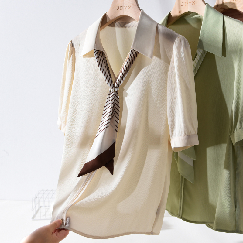 职业雪纺衬衣设计感小众气质短袖缎面衬衫女士上衣夏季薄款防晒衣