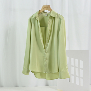 法式 女士垂感仿醋酸缎宽松职业正肩衬衣春夏绿色上衣 通勤缎面衬衫