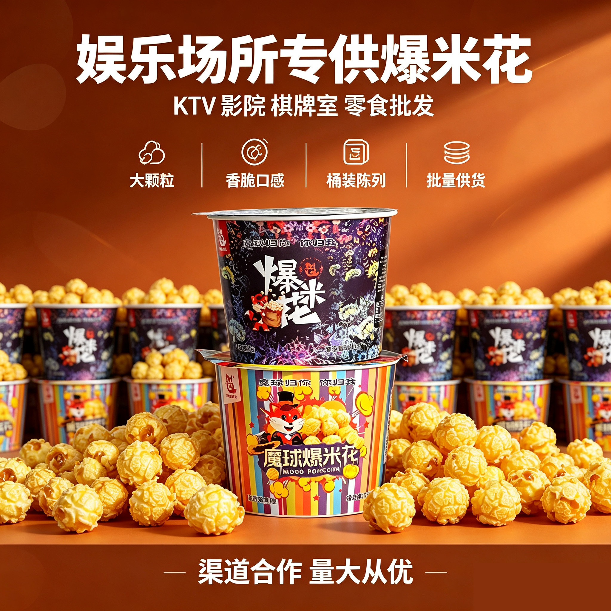 美式球形爆米花奶油味焦糖味玉米花桶装130g影院KTV专用膨化零食