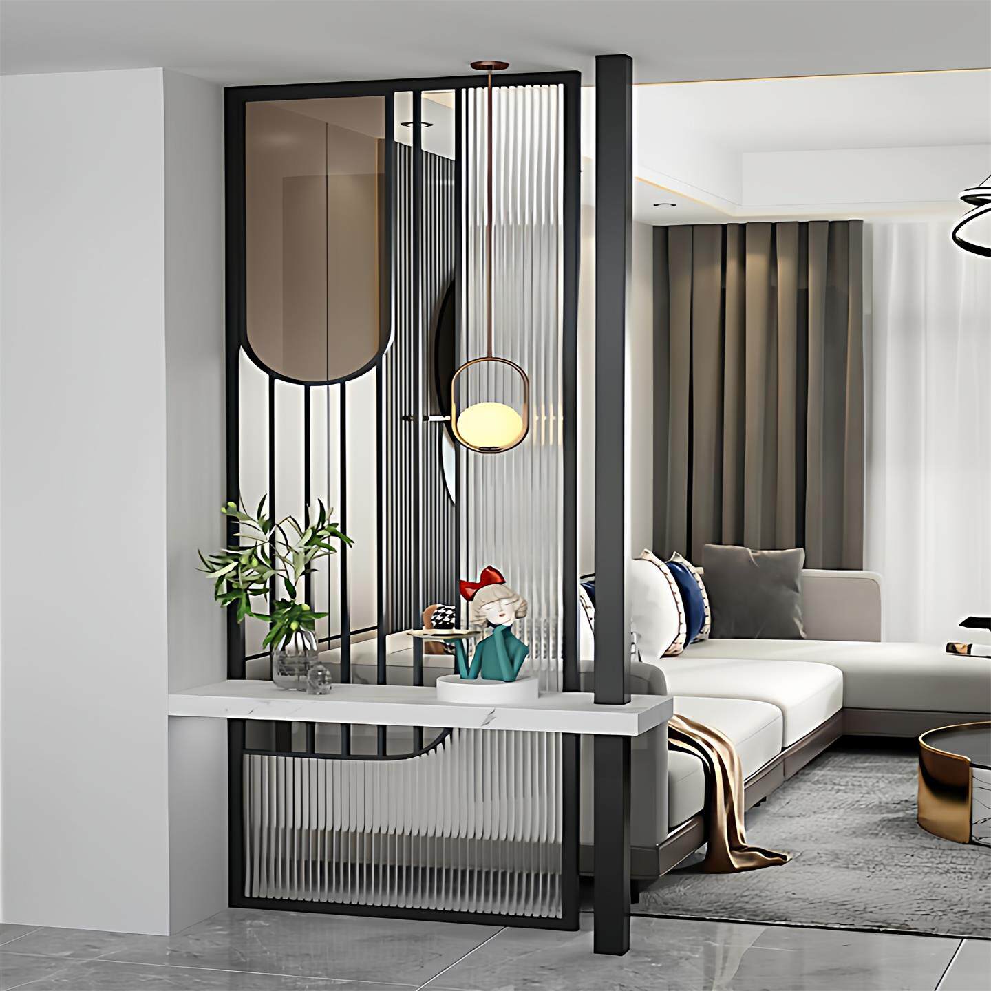 定制不锈钢屏风钛金拉丝长虹玻璃隔断铁艺茶色隔断客厅玄关置物架