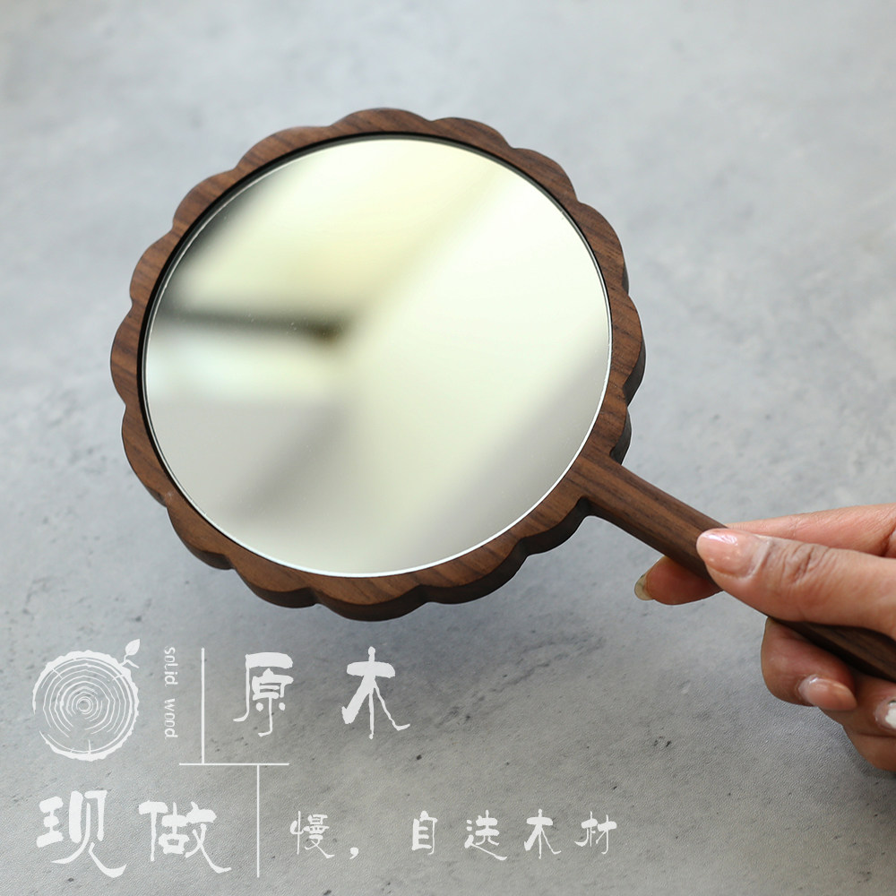 实木化妆手柄镜原木手拿梳妆镜子日式女生礼物便携刻字LOGO定制
