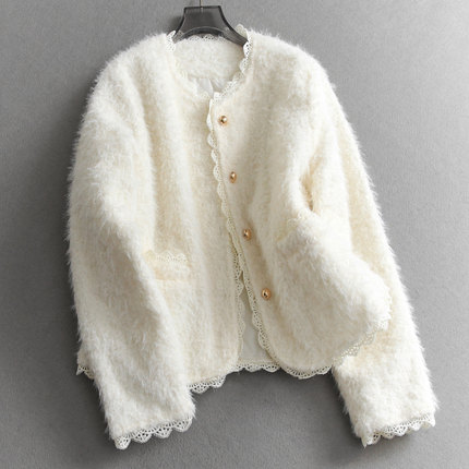 纯色蕾丝花边毛绒洋气减龄小香风冬季新款长袖外套女棉衣棉服M690