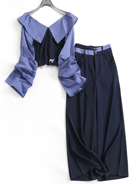 撞色格纹拼接显瘦修身短款一字领长袖女装衬衫阔腿裤两件套装K388