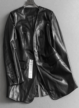 纯色宽松显瘦V领中长款休闲西服外套2026春季新款长袖女皮衣W048