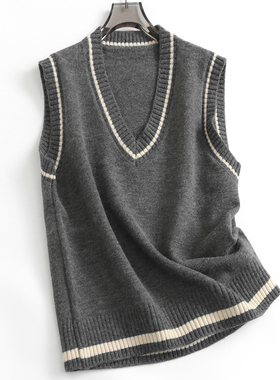 撞色边V领宽松减龄学院风无袖外搭坎肩针织毛衣背心女装马夹F845